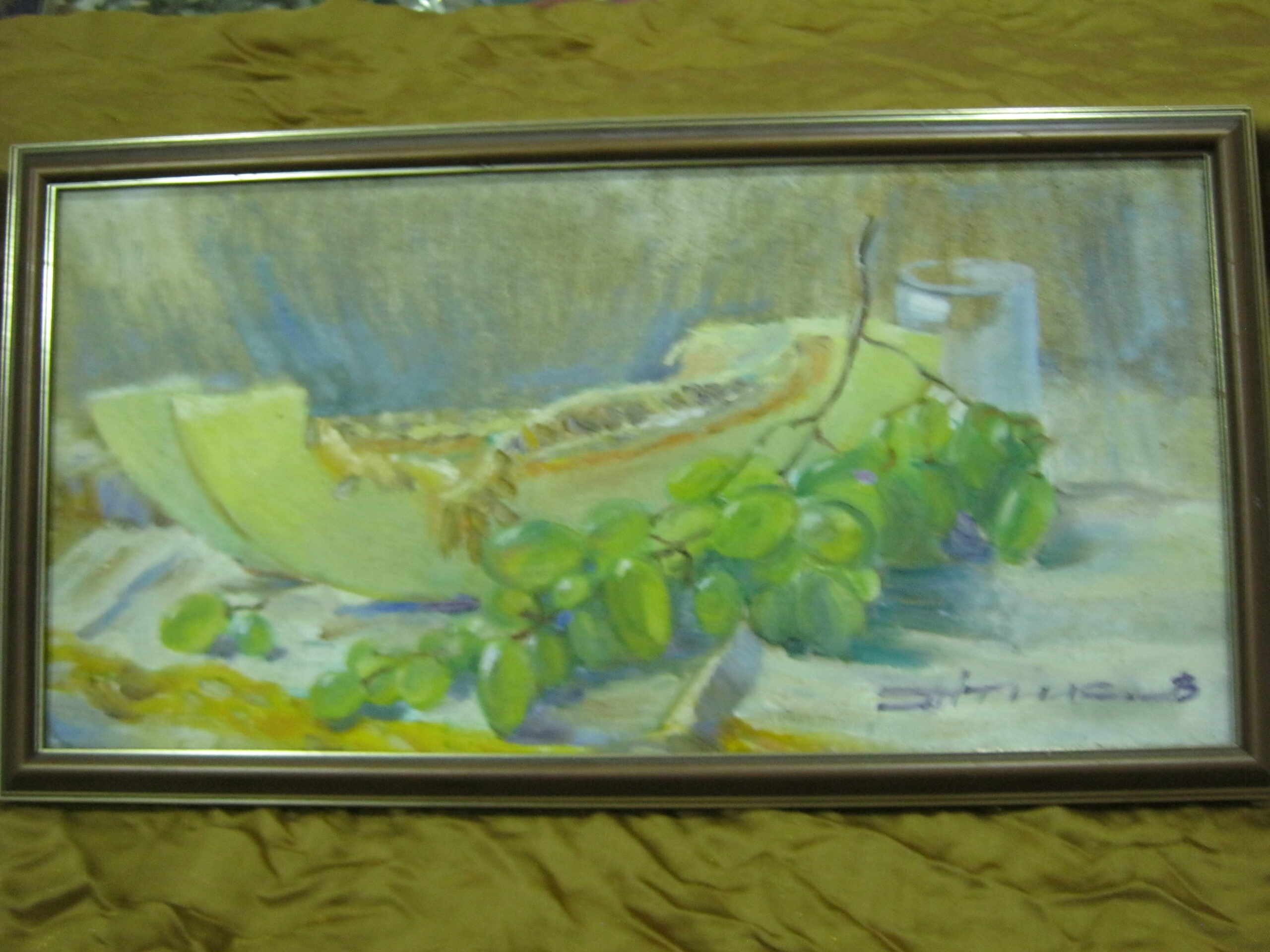 Натюрморт "Дыня и виноград", авторская живопись, холст, масло, 25х50 см.