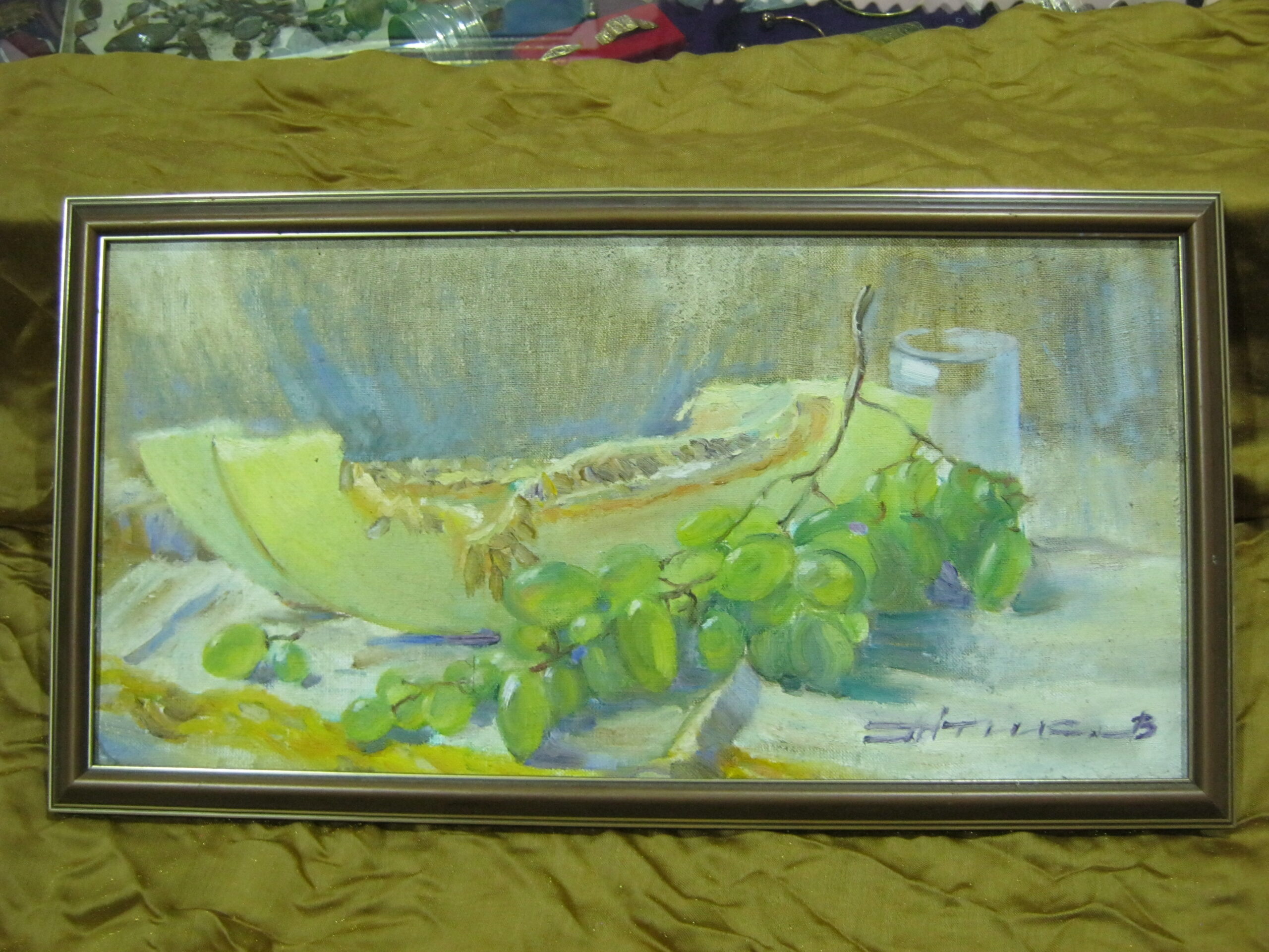 Натюрморт "Дыня и виноград", авторская живопись, холст, масло, 25х50 см. - Image 3