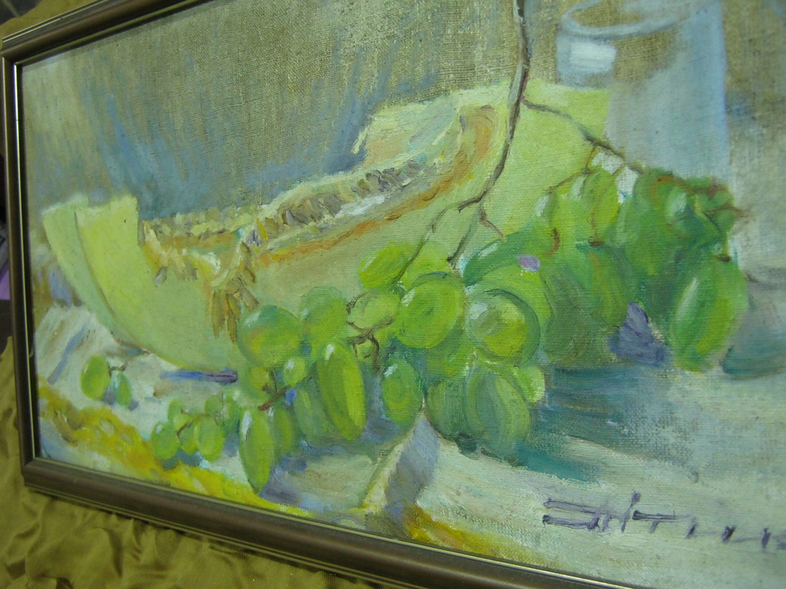 Натюрморт "Дыня и виноград", авторская живопись, холст, масло, 25х50 см. - Image 4